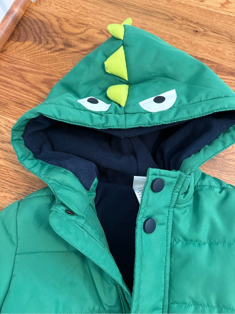Little Me Dinosaur Coat Green Puffer Jacket Snap Button Toddler Size 2T - Picture 2 of 8